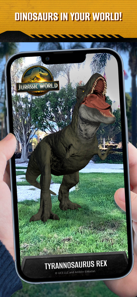 A Tyrannosaurus Rex appearing in augmented reality on a grassy field using the Jurassic World Play app.