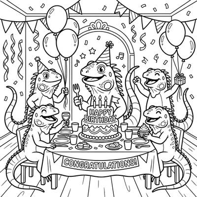 Get ready to celebrate with a super fun reptile party! This delightful coloring page features a group of happy iguanas enjoying a festive birthday with cake, balloons, and plenty of party cheer.