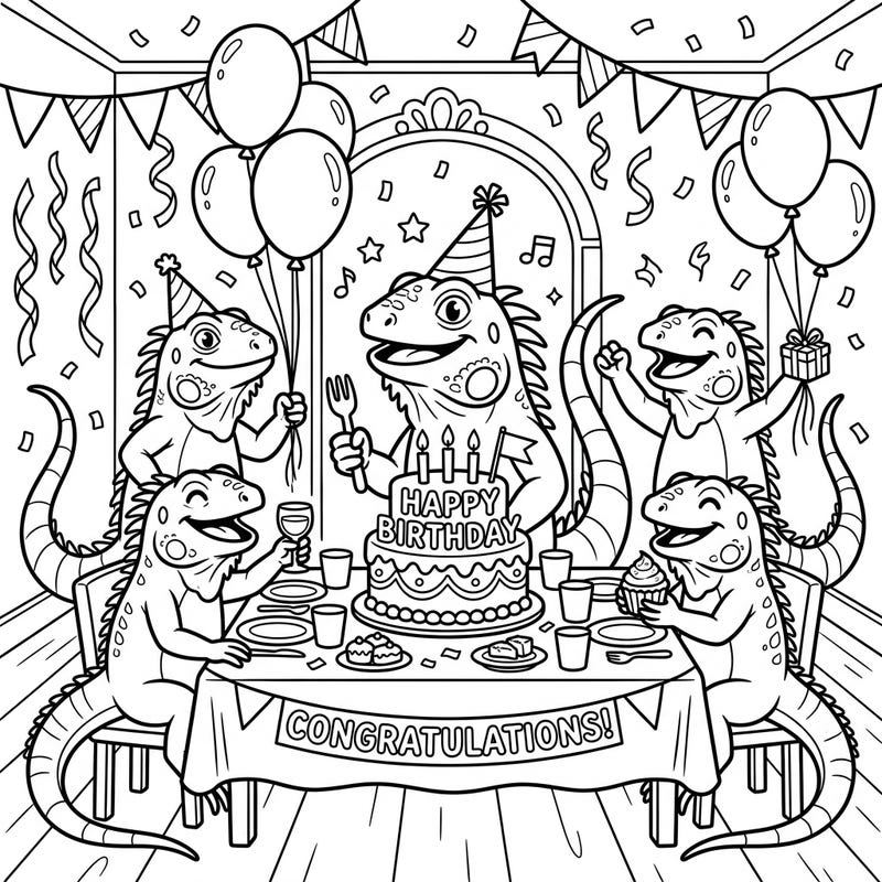 Get ready to celebrate with a super fun reptile party! This delightful coloring page features a group of happy iguanas enjoying a festive birthday with cake, balloons, and plenty of party cheer.