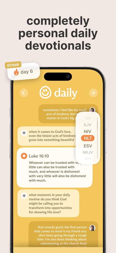 bible.ai - Chat about Anything - Interfaz de chat de devocional diario personalizado en la aplicación bible.ai mostrando escrituras e ideas de IA
