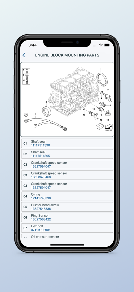 BimmerRefs app screenshot of a BMW engine block diagram and part numbers list