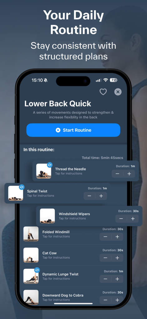 Stretching, Flexibility: Flex - Routine de flexibilité quotidienne structurée pour les douleurs du bas du dos sur l'application mobile Flex.