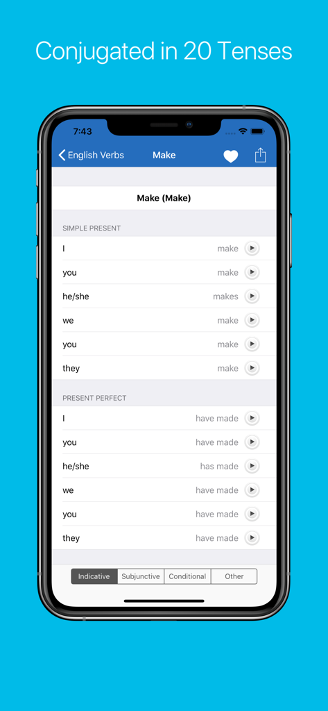 Interfaz de una aplicación de conjugación de verbos en inglés que muestra los tiempos verbales del verbo 'make'.