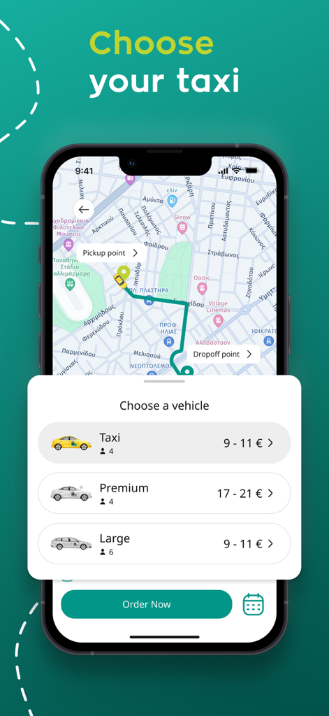 Mobile screen of Taxiplon app showing taxi vehicle options and fare estimates over a map