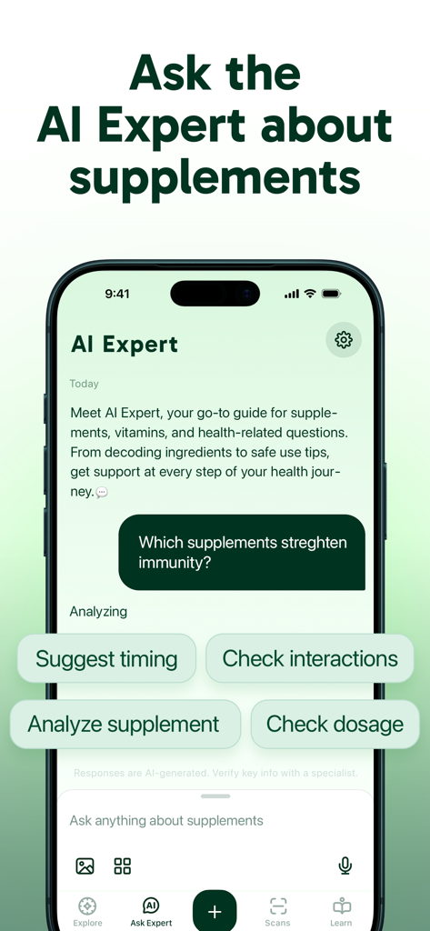 InSup app AI Expert feature for supplement questions and safety checks