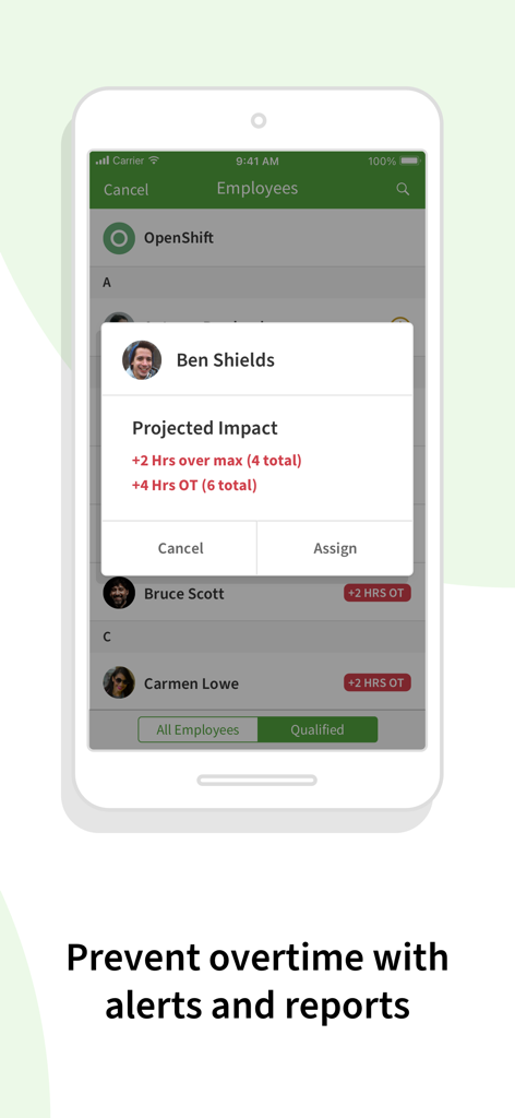 When I Work Staff Scheduling - When I Work 앱의 모바일 화면이 초과 근무 알림 및 직원 스케줄링에 대한 예상 영향을 보여줌