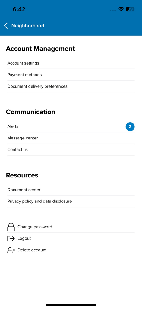 MortgageQuestions app settings screen showing account management communication and resource sections