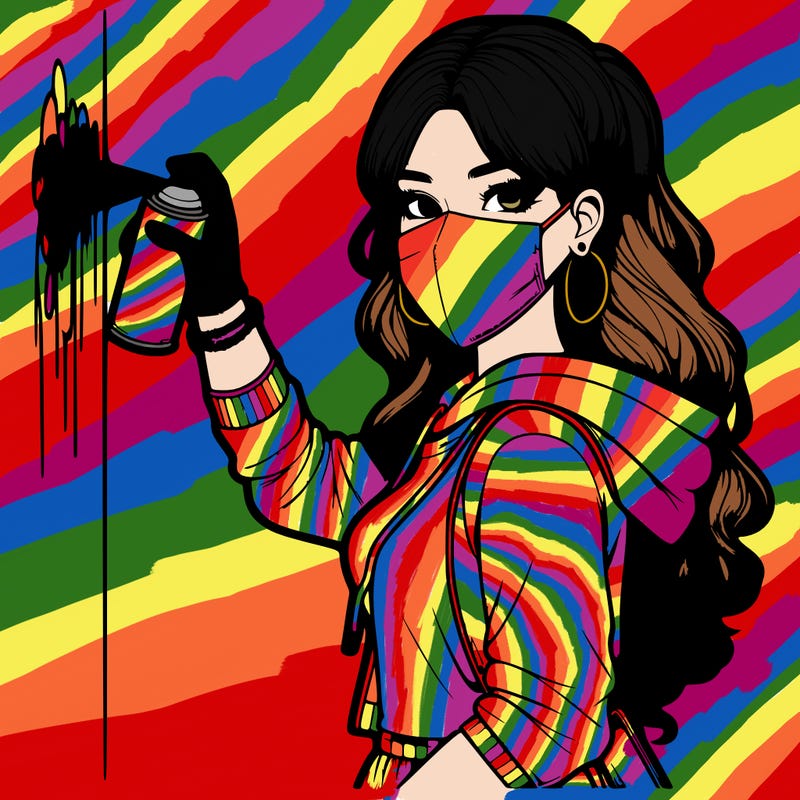 realistic girl with mask spray painting a wall