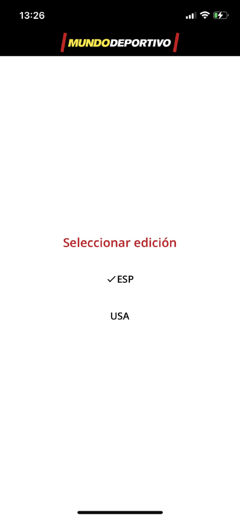 Selection screen for Spain and USA editions in the Mundo Deportivo app