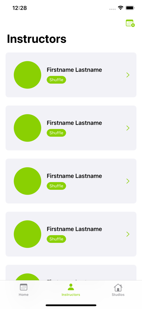 Dance Makers - Una schermata dall'app Dance Makers che mostra un elenco di istruttori di danza con segnaposto del profilo e opzioni di navigazione.