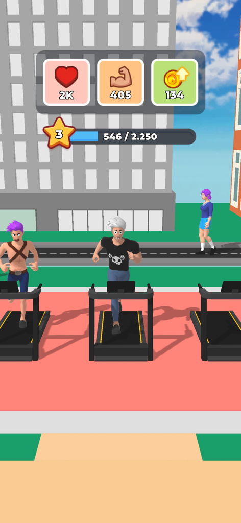 Charaktere laufen auf Laufbändern, um Muskeln im Gym Workout Hero Spiel zu trainieren