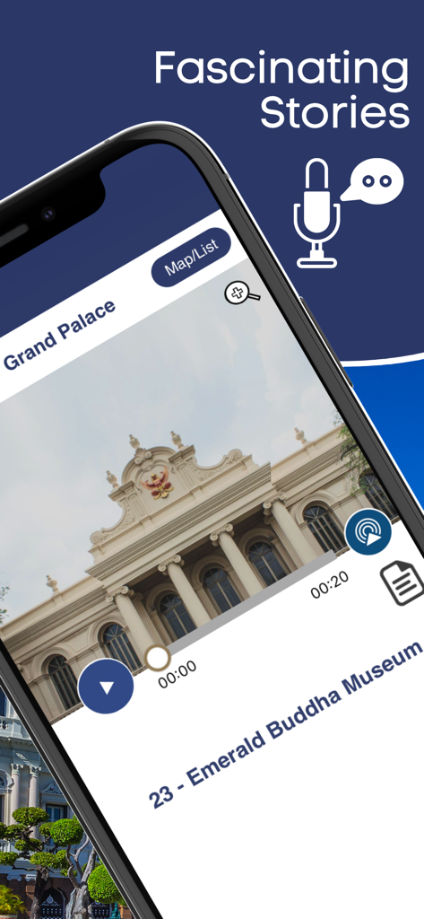 The Grand Palace Bangkok Guide - Interfaz de la aplicación móvil para la guía de audio del Gran Palacio de Bangkok con el Museo del Buda de Esmeralda