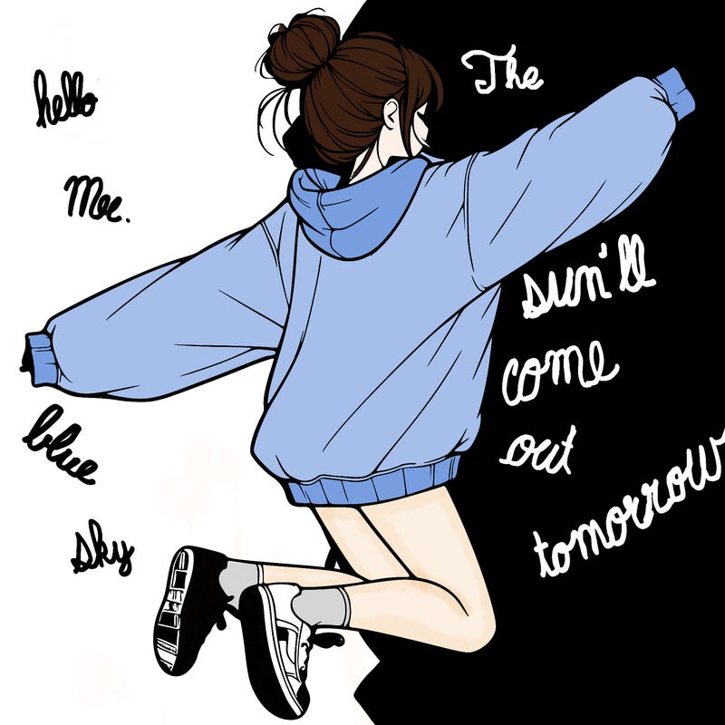 realistic girl jumping with a bun and oversized sweatshirt