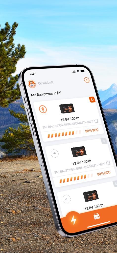 LiTime - Smartphone screen showing the LiTime app equipment list with lithium battery status and charge levels against a mountain background.