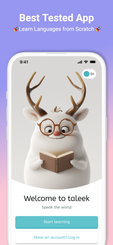 La pantalla de bienvenida de la aplicación de aprendizaje de idiomas Taleek con una mascota blanca esponjosa con cuernos leyendo un libro.