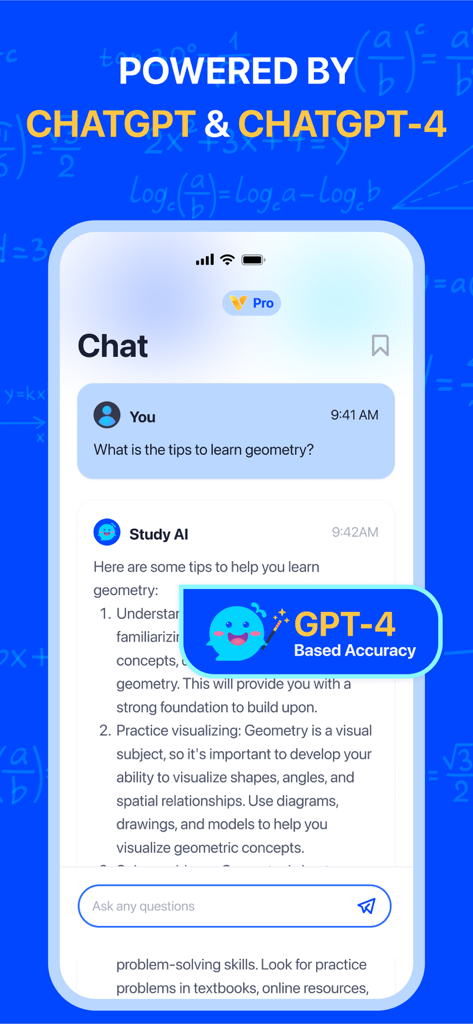 Study AI - Homework Helper - Study AI app chat interface powered by ChatGPT-4 providing geometry study tips to a student