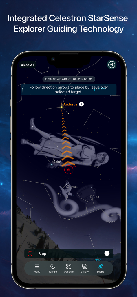 SkySafari 8 Plus - SkySafari 8 Plus app interface showing Celestron StarSense guiding technology with directional arrows and constellations on a star chart