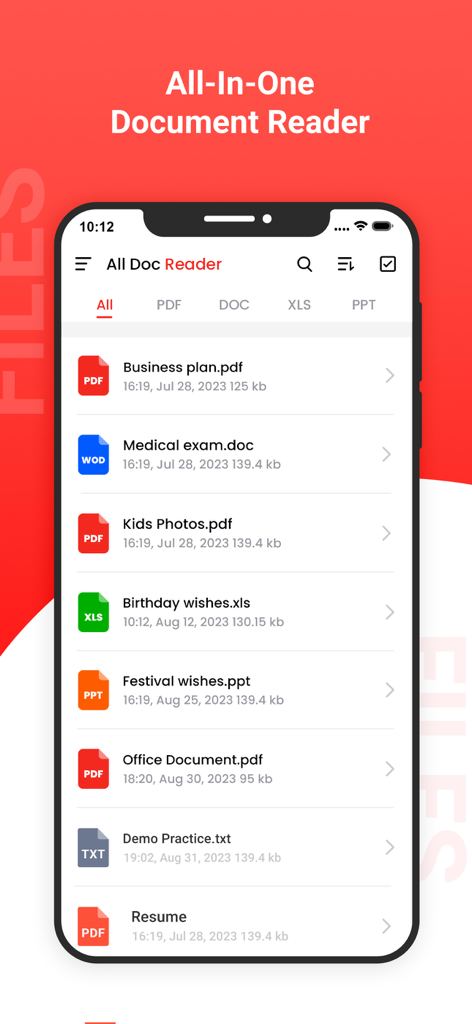 PDF Reader - Read PDF Files - A smartphone screen displaying the all-in-one document reader app with a list of PDF Word Excel and PowerPoint files.