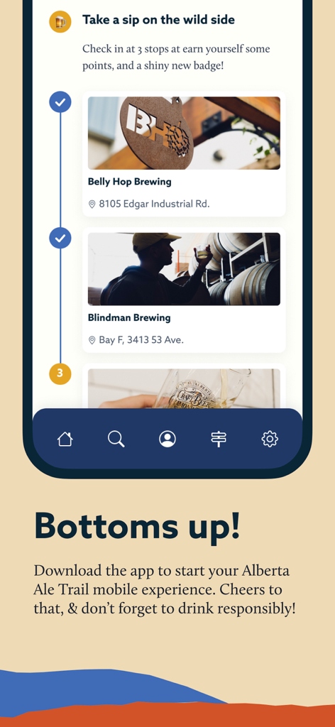 Alberta Ale Trail app screen showing a brewery itinerary with checkmarks and progress toward earning a badge