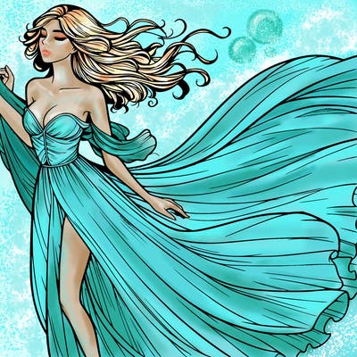 realistic woman in dress flowing the the wind