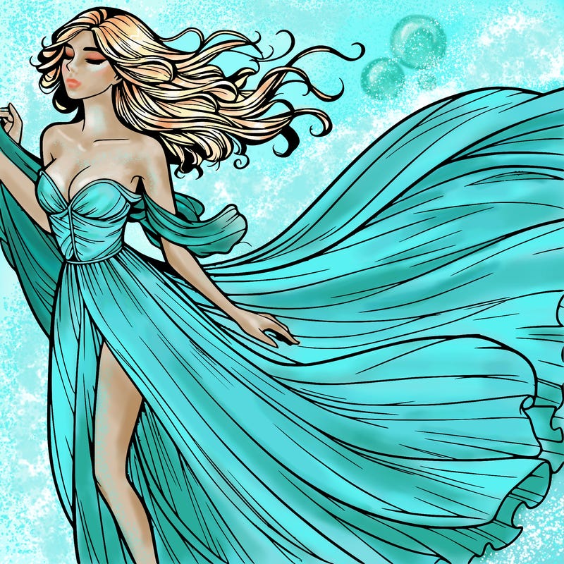 realistic woman in dress flowing the the wind