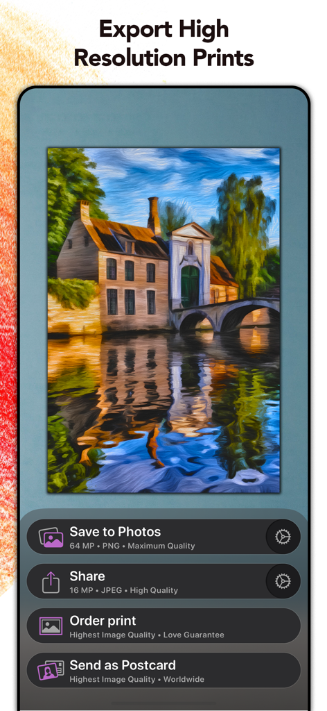 Screenshot der Graphite-App, der Optionen zum Speichern in Fotos, Teilen, Drucke bestellen oder als Postkarte senden für ein digitales Gemälde anzeigt