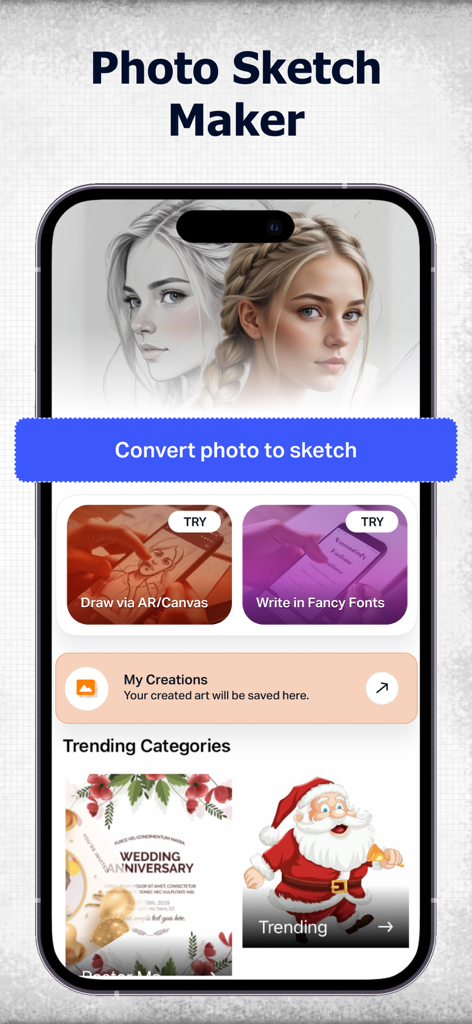 Photo Sketch Maker: Drawing - Home screen of Photo Sketch Maker app featuring photo to sketch conversion and AR drawing tools