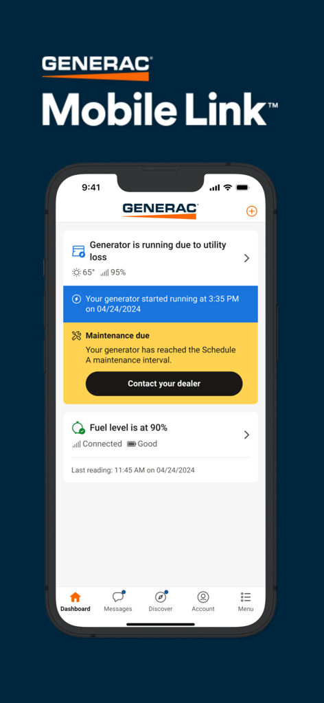 Mobile Link for Generators - Dashboard of Mobile Link app showing generator status and maintenance due notice