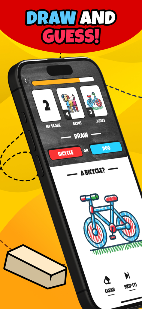 Una colorida bicicleta dibujada en la interfaz de la aplicación Draw N Guess Multiplayer.