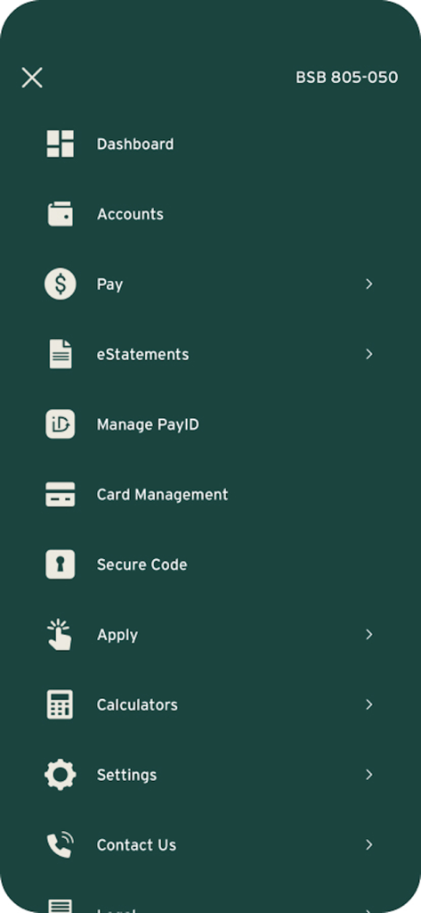 People's Choice Credit Union - Navigation menu of the People's Choice Credit Union mobile app showing options for accounts, payments, and card management.