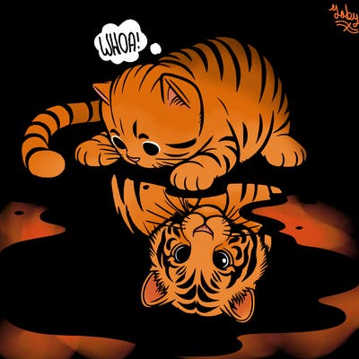 s small tabby cat look at itself in a puddle and sees it like a white tiger.