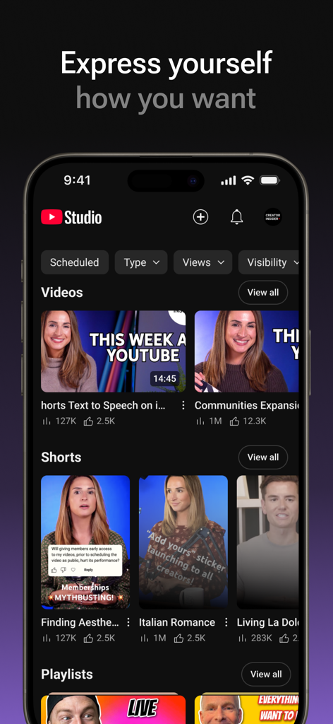 YouTube Studio app showing video and shorts content management dashboard with view counts and likes