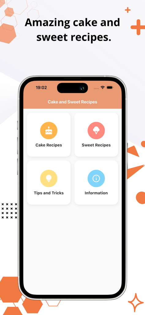 Cake and Dessert Recipes - Main menu of the Cake and Dessert Recipes app with categories for cakes and sweets.