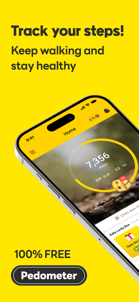 CashWalk - Daily Step Counter - CashWalkアプリを表示するスマートフォンの画面。毎日の歩数追跡データと健康状態が明るい黄色の背景に表示されています。