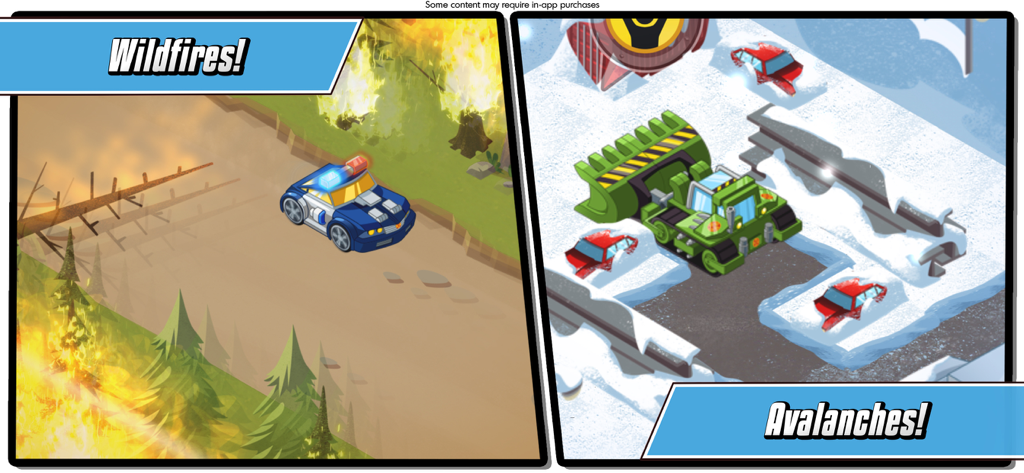 Jogabilidade de Transformers Rescue Bots Chase em uma missão de incêndio florestal e Boulder em uma missão de avalanche.