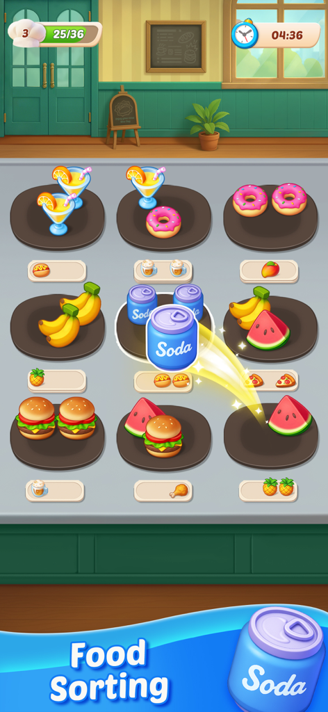 Food Sort: Puzzle Game - Food Sort Puzzle Gameのゲームプレイ画面。漫画の食品アイテムがトレイのグリッド上に整理されている様子。