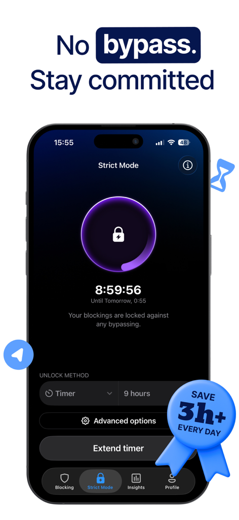 AppBlock interface showing the Strict Mode feature with a countdown timer and bypass prevention lock.