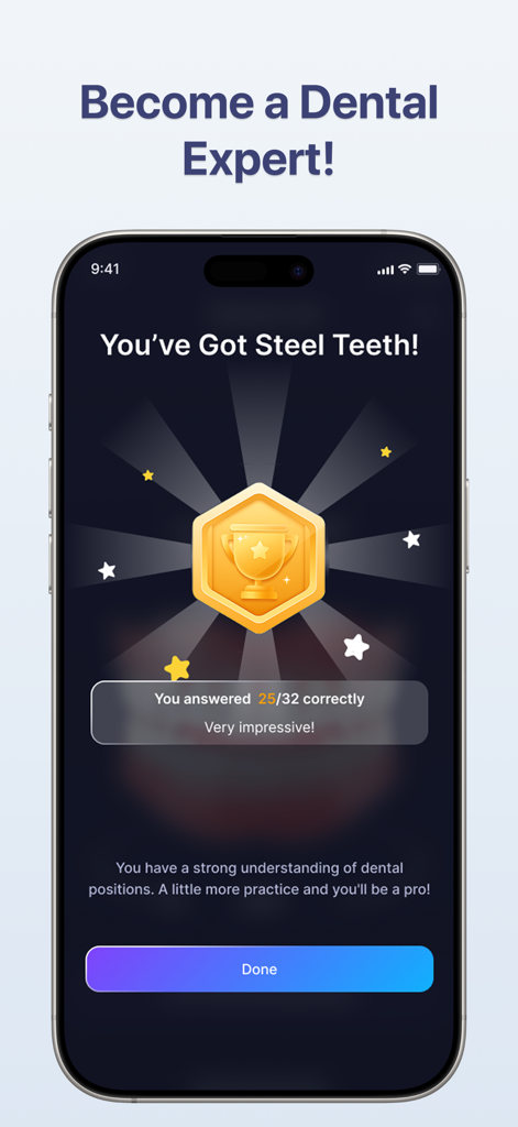 DentaCore: 3D Dental Anatomy - Quiz completion screen in DentaCore app showing a golden trophy and score for dental anatomy mastery
