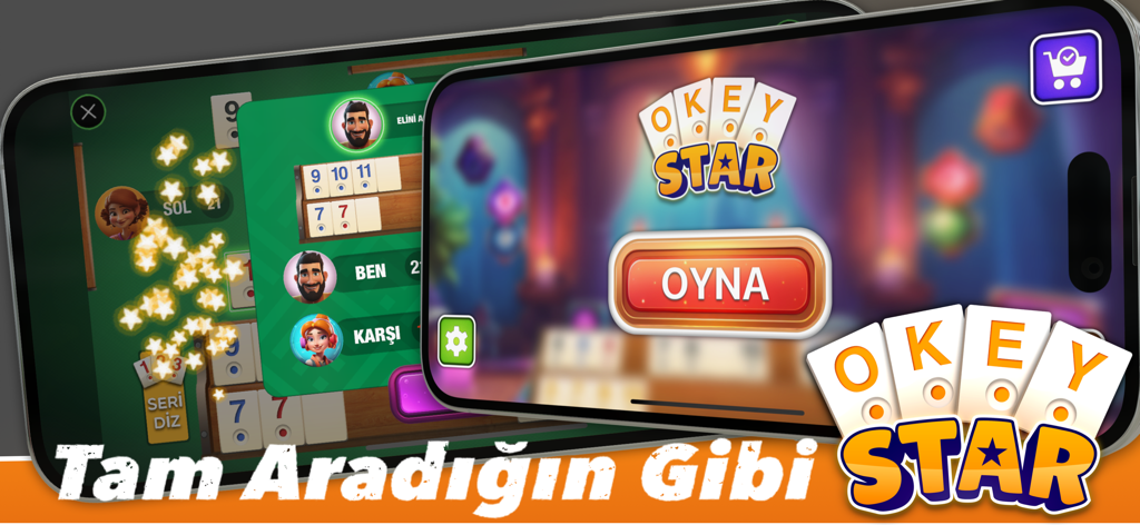 Okey Star - İnternetsiz Okey - Interfaccia del gioco mobile per Okey Star con il menu principale e il gameplay delle tessere