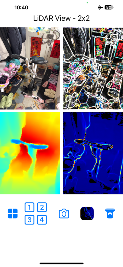 LiDAR View - Eine 2x2-Rasteranzeige in der LiDAR View App, die gleichzeitige Kameraansicht, Konturhervorhebung und farbcodierte Tiefenkarten zeigt.