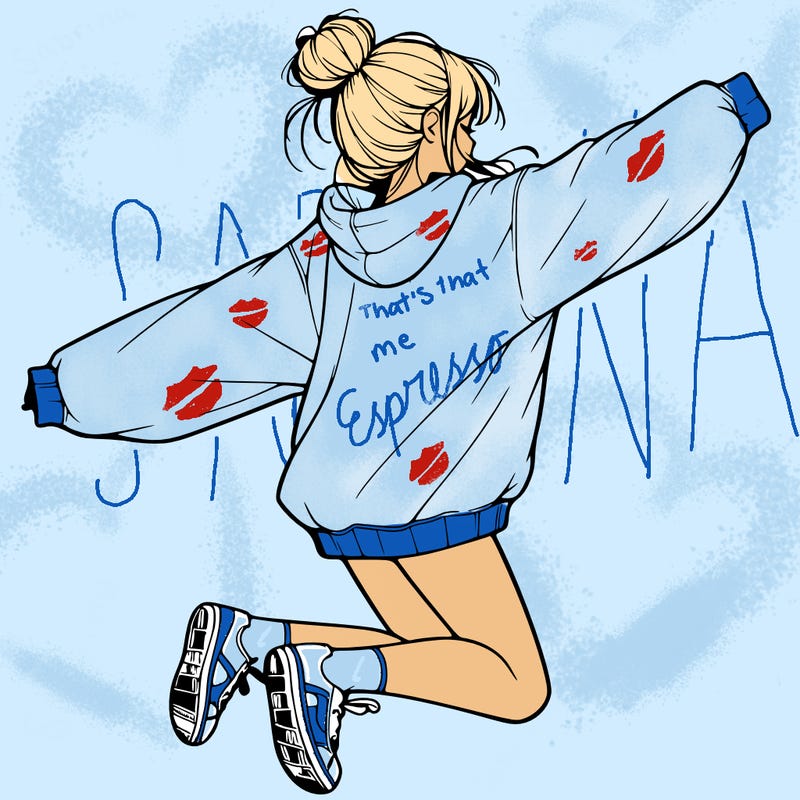 realistic girl jumping with a bun and oversized sweatshirt