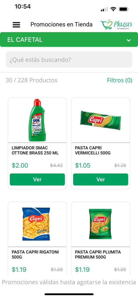 Automercados Plaza's - Automercados Plazas app screen displaying in-store promotions and discounted grocery items