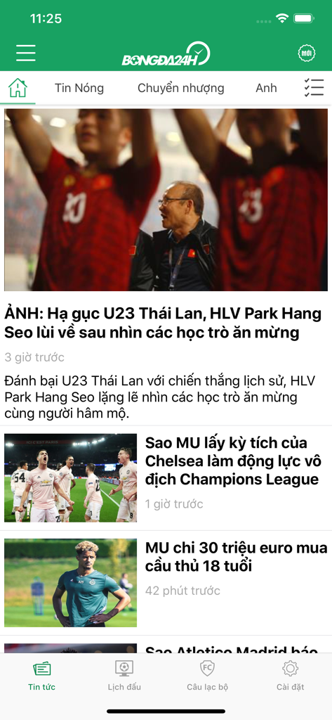 Bong da 24h - Bong da 24h App-Oberfläche mit Fußball-Nachrichtenköpfen auf Vietnamesisch