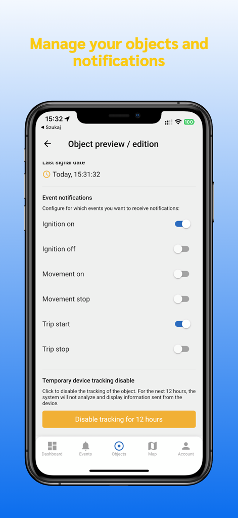 Floomli GPS for Teltonika - Floomli GPS-App-Oberfläche zur Verwaltung von Fahrzeughistorien-Benachrichtigungen und Tracking-Einstellungen.