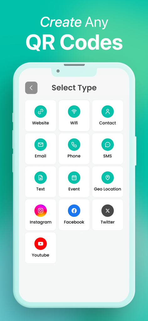 QR Code · Barcode Reader&Maker - Select type screen for creating various QR codes like Website, Wifi, and social media links