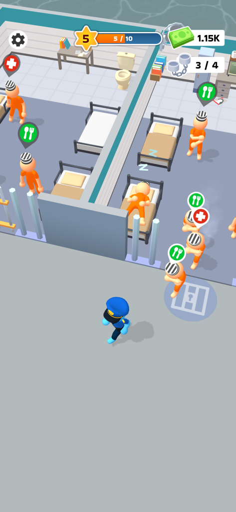 Visão de cima para baixo de um personagem policial gerenciando celas e detentos em um jogo de simulação ociosa