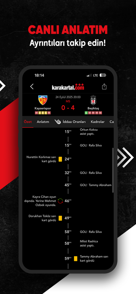 Karakartal App Live-Spielkommentarbildschirm, der einen Fußballspielstand und eine Zeitleiste von Ereignissen anzeigt