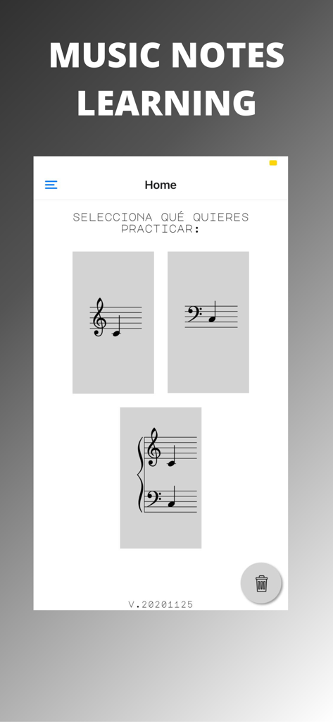 Music Notes Learning App - Home screen of the Music Notes Learning app displaying options to practice treble clef and bass clef sheet music notes.
