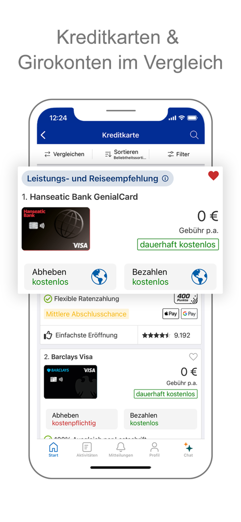 CHECK24 - Mobile app screen showing a comparison of credit cards with details on annual fees and withdrawal benefits