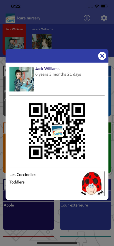 iCare Kids - Ein Profilbildschirm für Kinder in der iCare Kids App mit einem einzigartigen QR-Code zur Identifizierung für das Kinderzimmer
